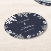 Navy Blue Snowflakes Winter Wedding Ronde Kartonnen Onderzetter (Gebogen)