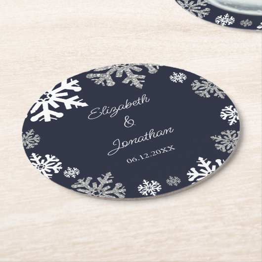 Navy Blue Snowflakes Winter Wedding Ronde Kartonnen Onderzetter (Gebogen)