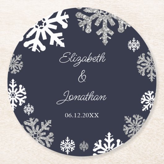 Navy Blue Snowflakes Winter Wedding Ronde Kartonnen Onderzetter (Voorkant)