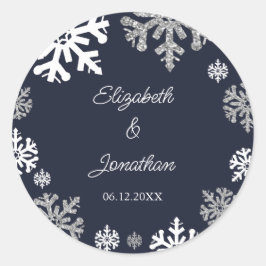 Navy Blue Snowflakes Winter Wedding Ronde Sticker