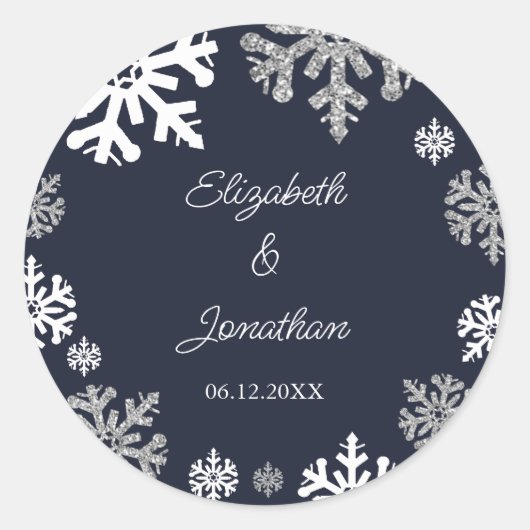 Navy Blue Snowflakes Winter Wedding Ronde Sticker (Voorkant)