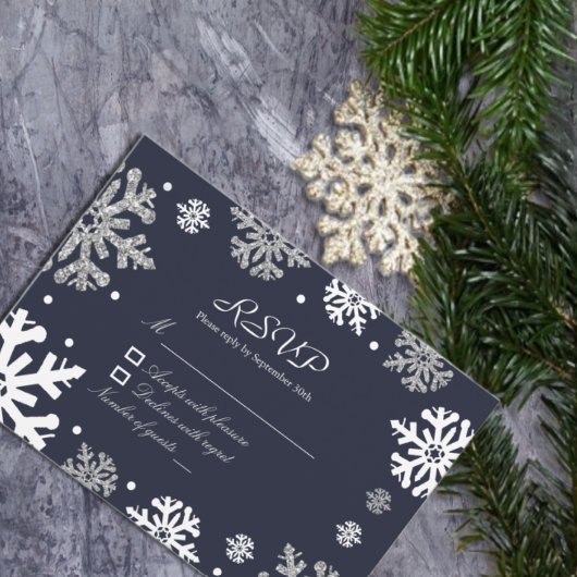Navy Blue Snowflakes Winter Wedding RSVP Kaartje
