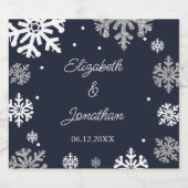 Navy Blue Snowflakes Winter Wedding Sparkling Wijnetiket (Enkel label)