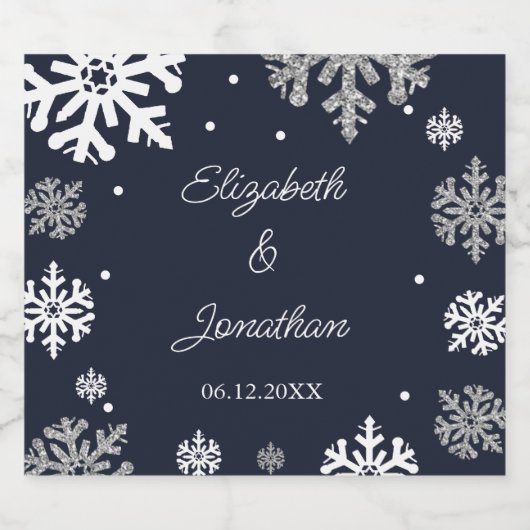 Navy Blue Snowflakes Winter Wedding Sparkling Wijnetiket (Enkel label)