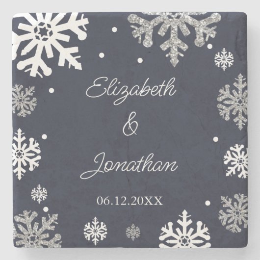 Navy Blue Snowflakes Winter Wedding Stenen Onderzetter (Voorkant)
