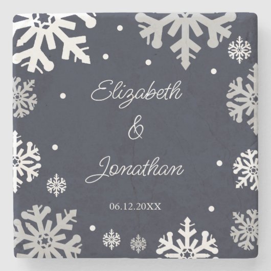 Navy Blue Snowflakes Winter Wedding Stenen Onderzetter (Voorkant)