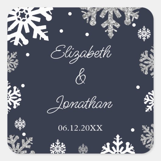 Navy Blue Snowflakes Winter Wedding Vierkante Sticker (Voorkant)