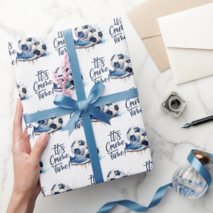 Navy Blue Soccer Kinder Waterverf Cadeaupapier