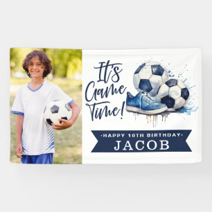 Navy Blue Soccer Kinder Waterverf Foto Spandoek