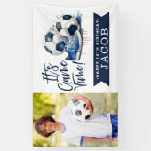 Navy Blue Soccer Kinder Waterverf Foto Spandoek (Verticaal)