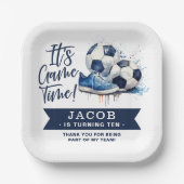 Navy Blue Soccer Kinder Waterverf Papieren Bordje (Voorkant)