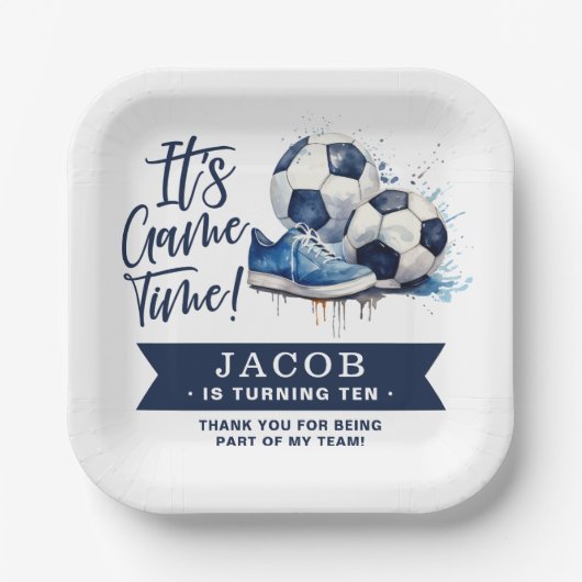 Navy Blue Soccer Kinder Waterverf Papieren Bordje (Voorkant)