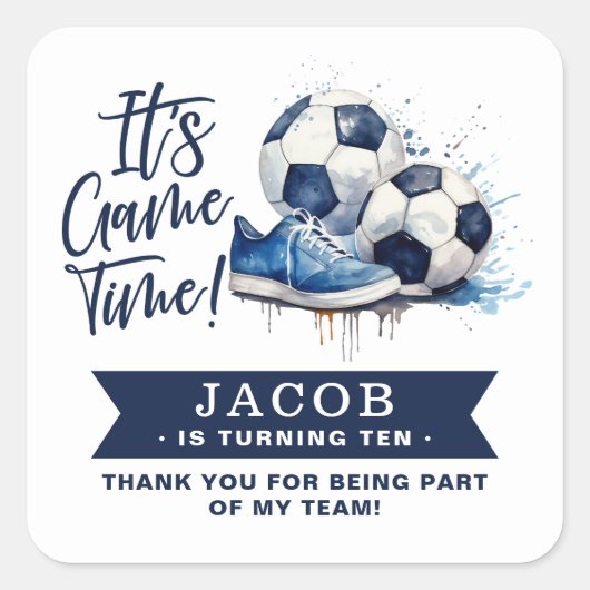 Navy Blue Soccer Kinder Waterverf Vierkante Sticker (Voorkant)