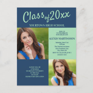 Navy Blue Soft Green Graduparty Foto nodigt Briefkaart