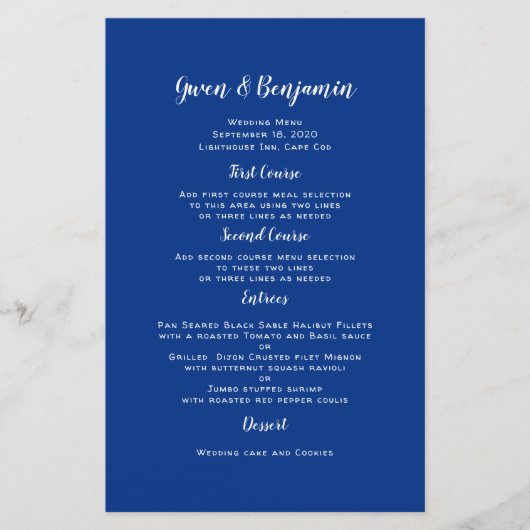 Navy Blue Solid Affordable Wedding Menu Sjabloon (Voorkant)