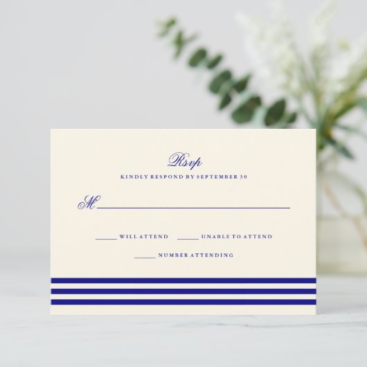 Navy Blue Sophisticated Stripes Wedding RSVP (Staand voorkant)