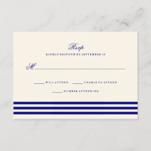 Navy Blue Sophisticated Stripes Wedding RSVP Kaartje