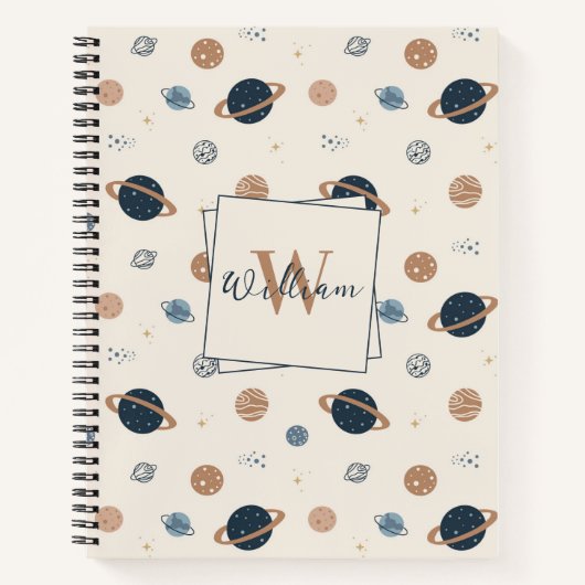 Navy Blue Space Planets Patroon Notitieboek (Voorkant)