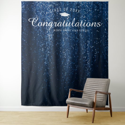 Navy Blue Sparkle Afstuderen Photo Booth Backdrop Wandkleed (In situ)