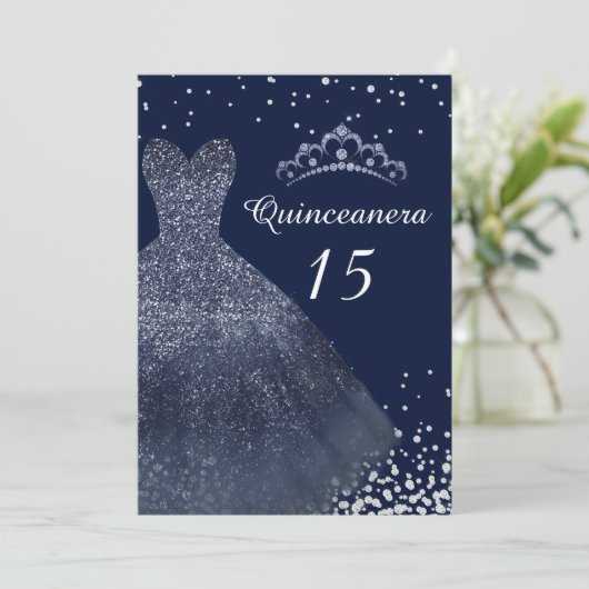 Navy Blue Sparkle Gown Dress Quinceanera Kaart (Staand voorkant)