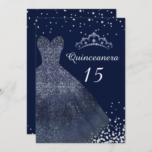 Navy Blue Sparkle Gown Dress Quinceanera Kaart (Voorkant / Achterkant)