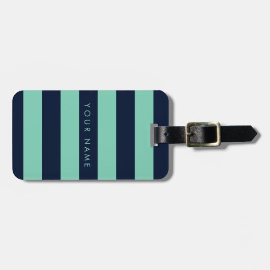 Navy Blue & Spearmint Striped Personalized Bagagelabel (Voorkant horizontaal)
