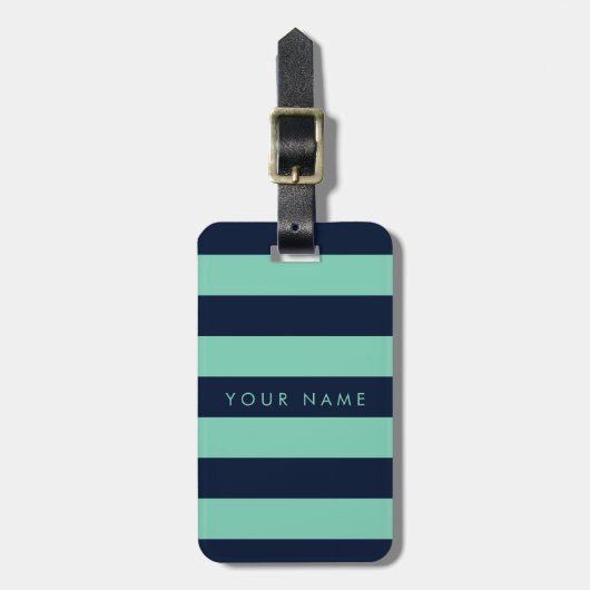 Navy Blue & Spearmint Striped Personalized Bagagelabel (Voorkant verticaal)