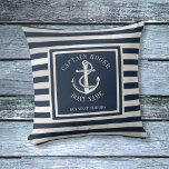 Navy Blue Specialized Kapitein Nautical Anchor Kussen<br><div class="desc">Een nautisch ontwerp met een anker,  stijlvolle marineblauw en witte strepen,  voorzien van de naam van de kapitein,  de naam van het vaartuig en de locatie van het vaartuig. Ontworpen door: Thisnotme©</div>