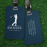 Navy Blue Specialized Monogram Golfer Bagagelabel<br><div class="desc">Dit ontwerp heeft een golfer die een club zwaait en heeft twee tekstvelden die u kunt gebruiken om het te personaliseren - misschien met een naam en een golfteam of -club.</div>