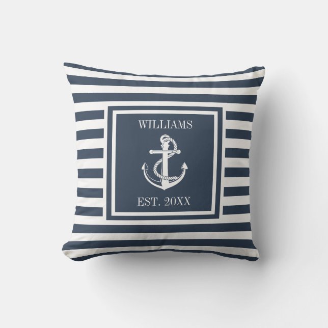 Navy Blue Specialized Name Stripe Nautical Anchor Buitenkussen (Voorkant)
