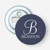 Navy Blue Specialized Script Monogram en Naam Button Flesopener (Voorkant)