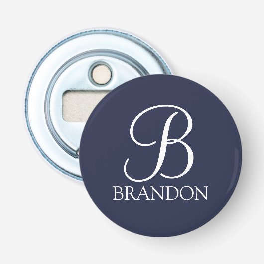 Navy Blue Specialized Script Monogram en Naam Button Flesopener (Voorkant)