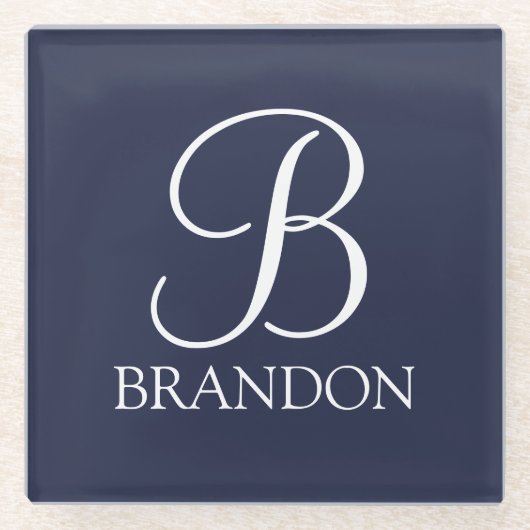 Navy Blue Specialized Script Monogram en Naam Glazen Onderzetter (Voorkant)