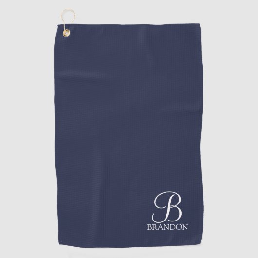 Navy Blue Specialized Script Monogram en Naam Golfhanddoek (Voorkant)