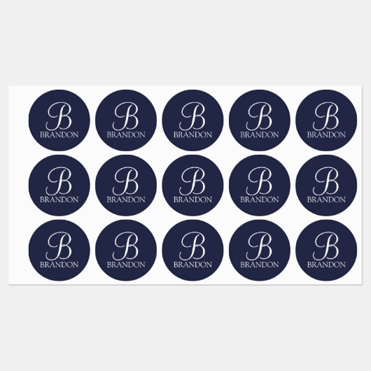 Navy Blue Specialized Script Monogram en Naam Labels (Vel)