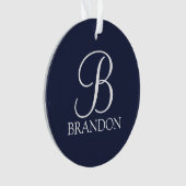 Navy Blue Specialized Script Monogram en Naam Ornament (voorkant)