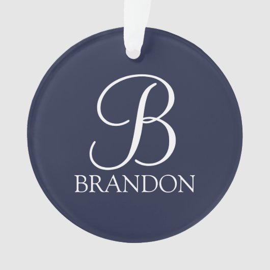 Navy Blue Specialized Script Monogram en Naam Ornament (voorkant)