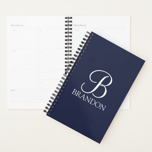 Navy Blue Specialized Script Monogram en Naam Planner (Display)