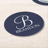 Navy Blue Specialized Script Monogram en Naam Ronde Kartonnen Onderzetter (Gebogen)