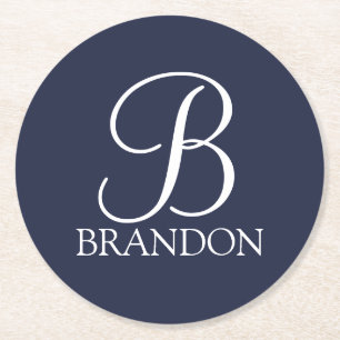 Navy Blue Specialized Script Monogram en Naam Ronde Kartonnen Onderzetter
