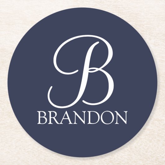 Navy Blue Specialized Script Monogram en Naam Ronde Kartonnen Onderzetter (Voorkant)