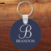 Navy Blue Specialized Script Monogram en Naam Sleutelhanger (Voorkant)
