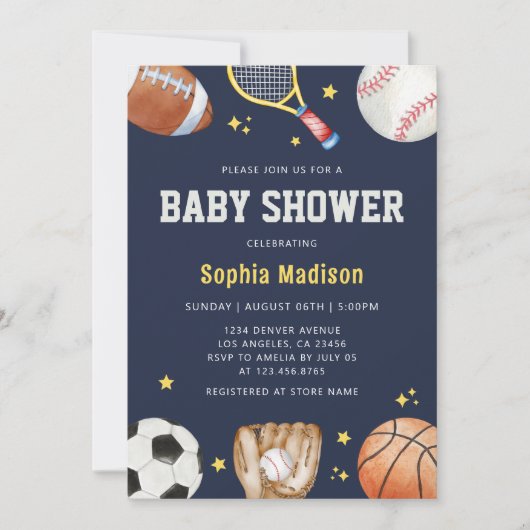 Navy Blue Sport Thema Baby shower Kaart (Voorkant)