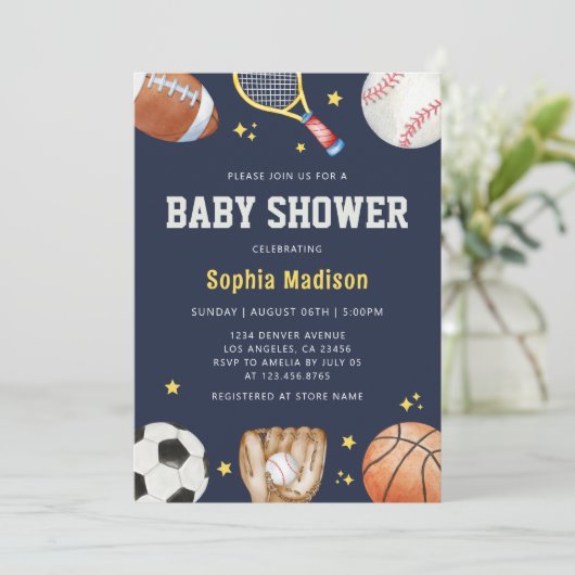 Navy Blue Sport Thema Baby shower Kaart (Staand voorkant)