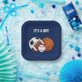 Navy Blue Sports Baby shower Het is een jongen Papieren Bordje (Feest)