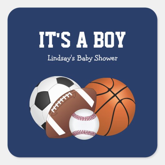 Navy Blue Sports Baby shower Het is een Jongen Squ Vierkante Sticker (Voorkant)
