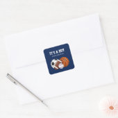 Navy Blue Sports Baby shower Het is een Jongen Squ Vierkante Sticker (Envelop)