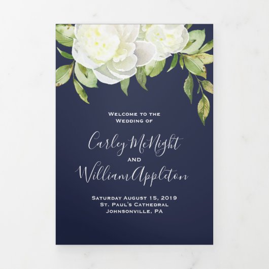 Navy Blue Spring Floral Peony Wedding Programma (Cover)