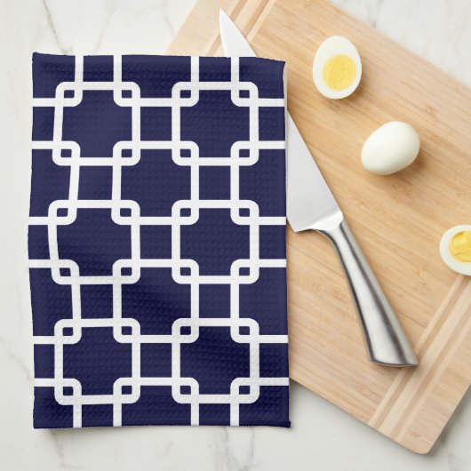 Navy Blue Square Link Pattern Ktichen Towels Theedoek (Quarter Fold)