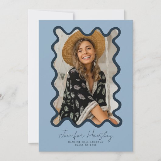 Navy Blue Squiggly Foto Lijst Afstuderen Aankondiging (Voorkant)